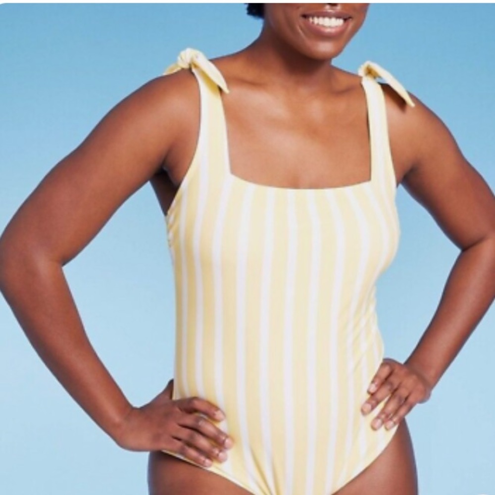 NWT Kona Sol Women's Striped Square Neck One Piece Swimsuit Yellow Size Large